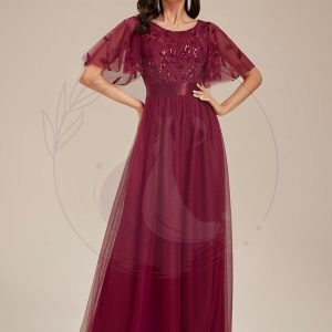 Robes de soirée brodées à manches courtes A-Line pour femmes