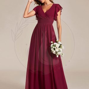 Robe demoiselle d’honneur en mousseline manches plissées avec découpe au dos