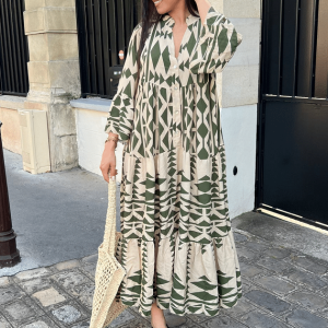 Robe bohème chic plissée verte à col V