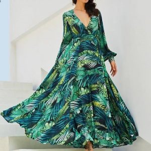 Hippie robe longue bohème verte imprimée de feuilles