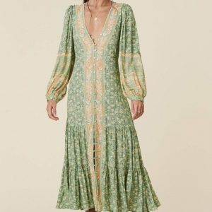 Robe bohème voile de coton vintage verte à lacets