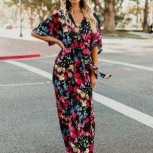 Robe Longue Bohème Noire Fleurie