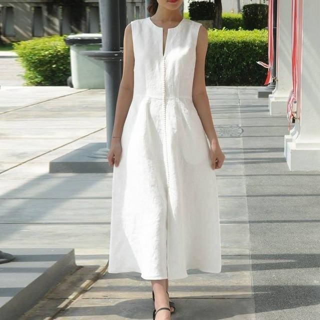 Robe Blanche Coton Bohème Longue Sans Manche – Image 2