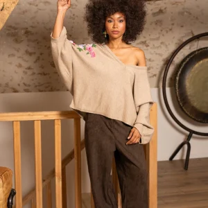 Pull col V broderies florales Rana