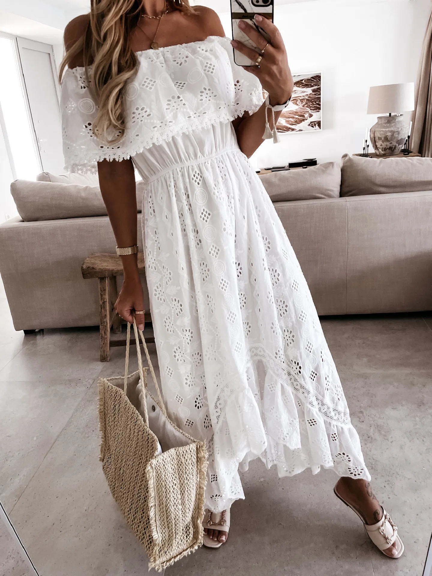 Robe Blanche Bohème Broderie Anglaise – Image 3